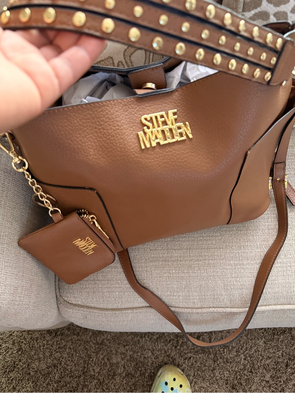 Steve Madden Cognac Pebbled Leather Shoulder Tote with Studded Strap - Picture 3 of 3